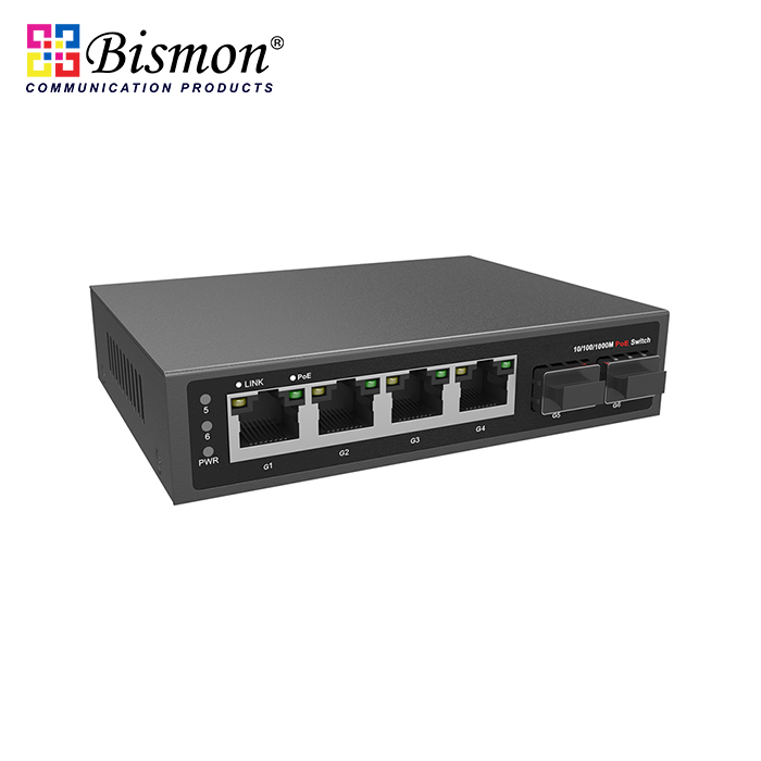 4*10/100/1000M RJ45 ports and 2*1000M uplink SFP fiber Unmanaged PoE fiber switch (65W)
